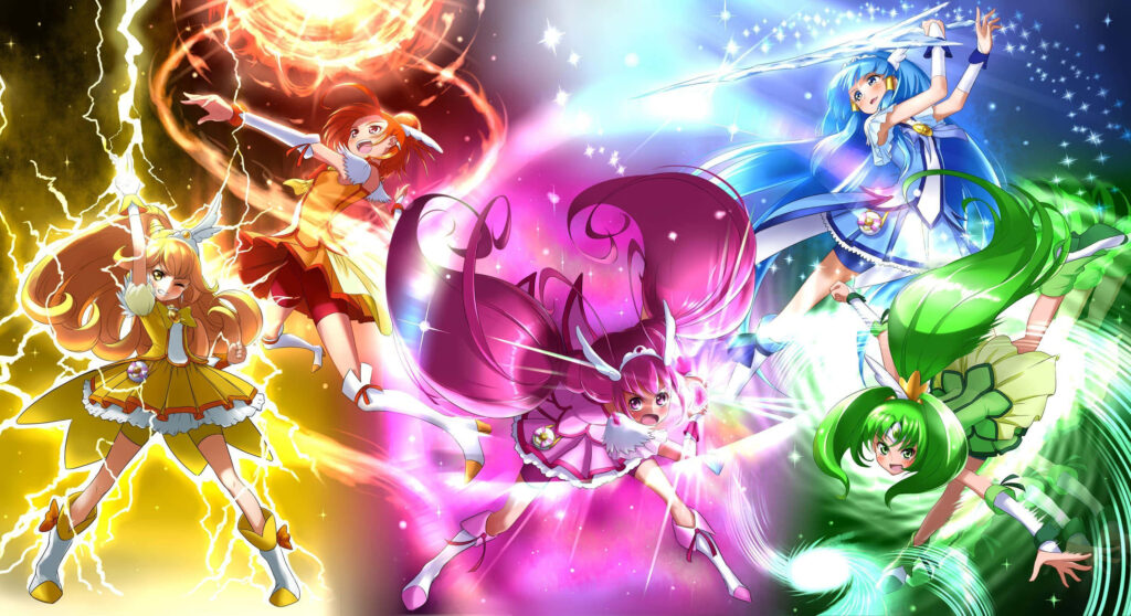 Dynamic Glitter Force Characters in Vibrant Magical Wallpaper