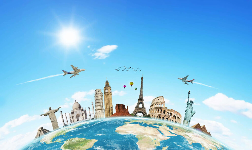 Vibrant Globe Wallpaper with Famous Landmarks & Skies