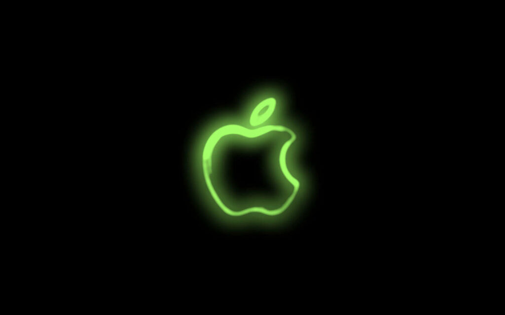Vibrant Glow: Immersive Neon Green Wallpaper with Illuminated Apple Logo in Mysterious Dark Setting