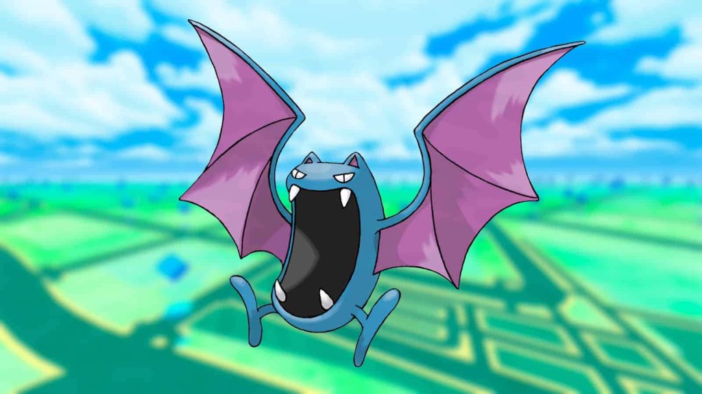 Vibrant Golbat flying over green map styled like Pokemon GO interface digital wallpaper background
