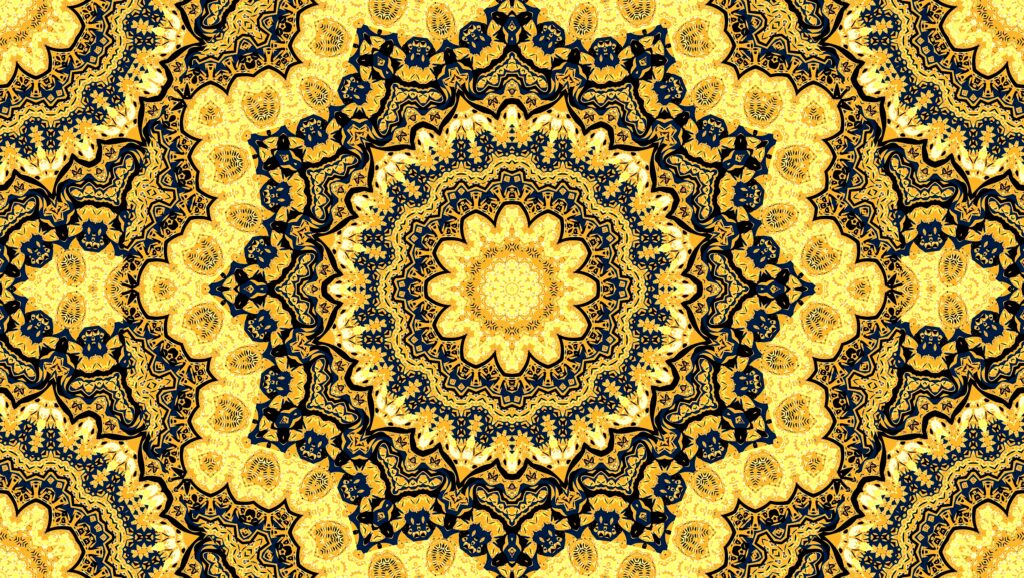Vibrant Fractal Wallpaper: Golden & Dark Blue Kaleidoscopic Design
