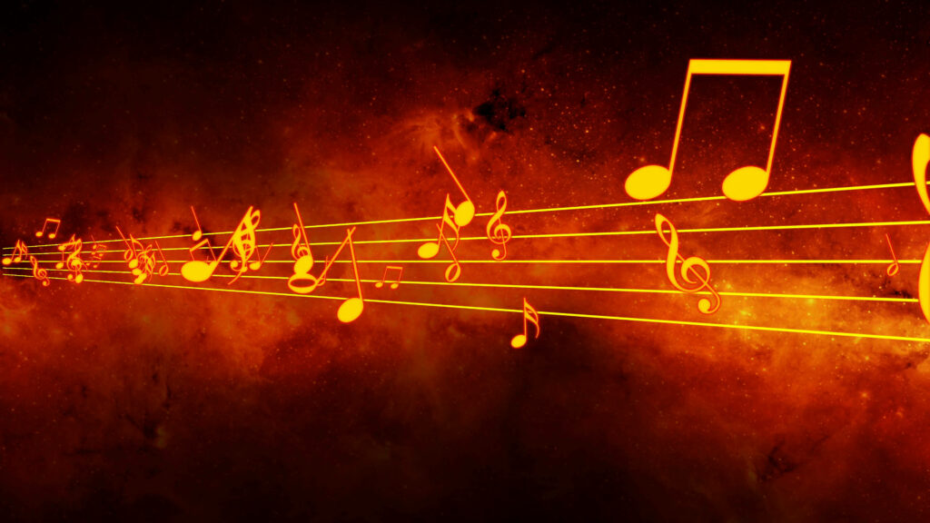 Golden Musical Notes on Surreal Red Starry Sky Wallpaper Background