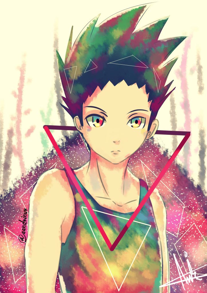 Vibrant Gon Freecss wallpaper with abstract watercolor and geometric triangles Hunter x Hunter art