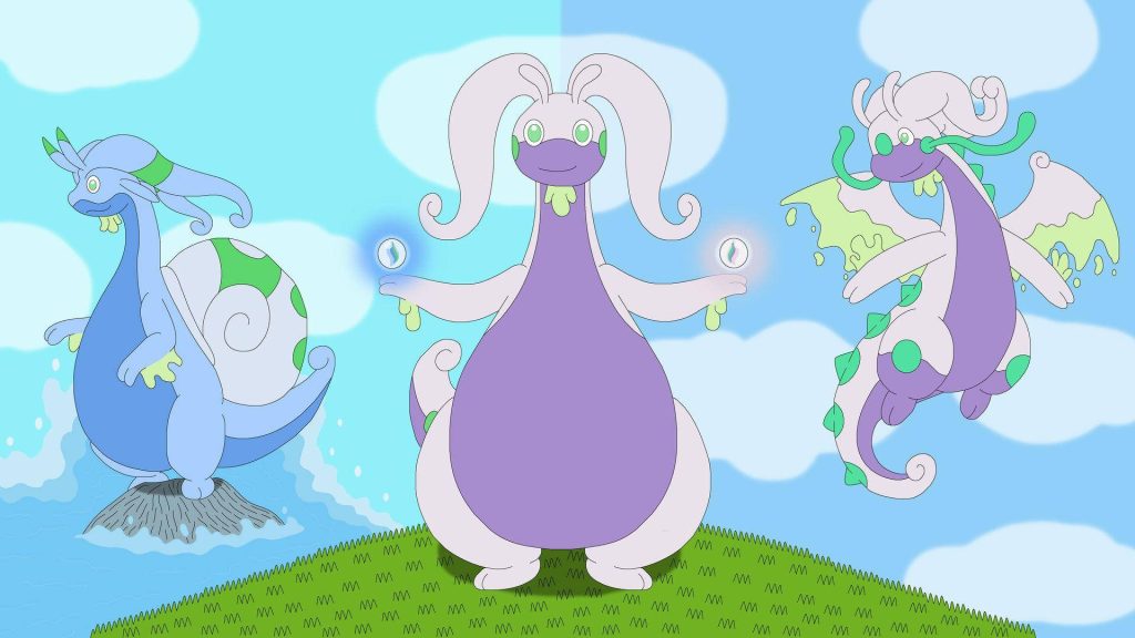 Colorful Goodra evolution wallpaper with three Dragon-type Pokémon in grassy plains background