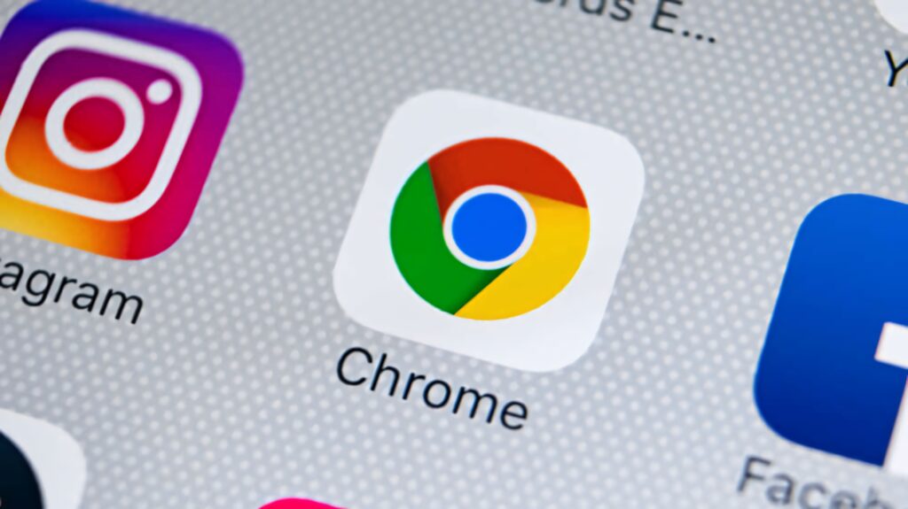Close-up of Google Chrome icon with dotted digital background and popular app icons wallpaper