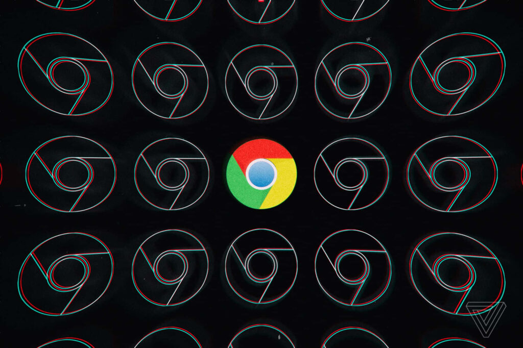 Vibrant Google Chrome logo centered with repeated minimalist icons on dark tech-inspired wallpaper