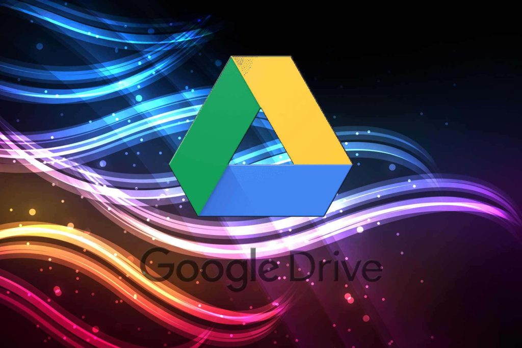 Vibrant Google Drive logo wallpaper with colorful light streaks on dark dynamic background