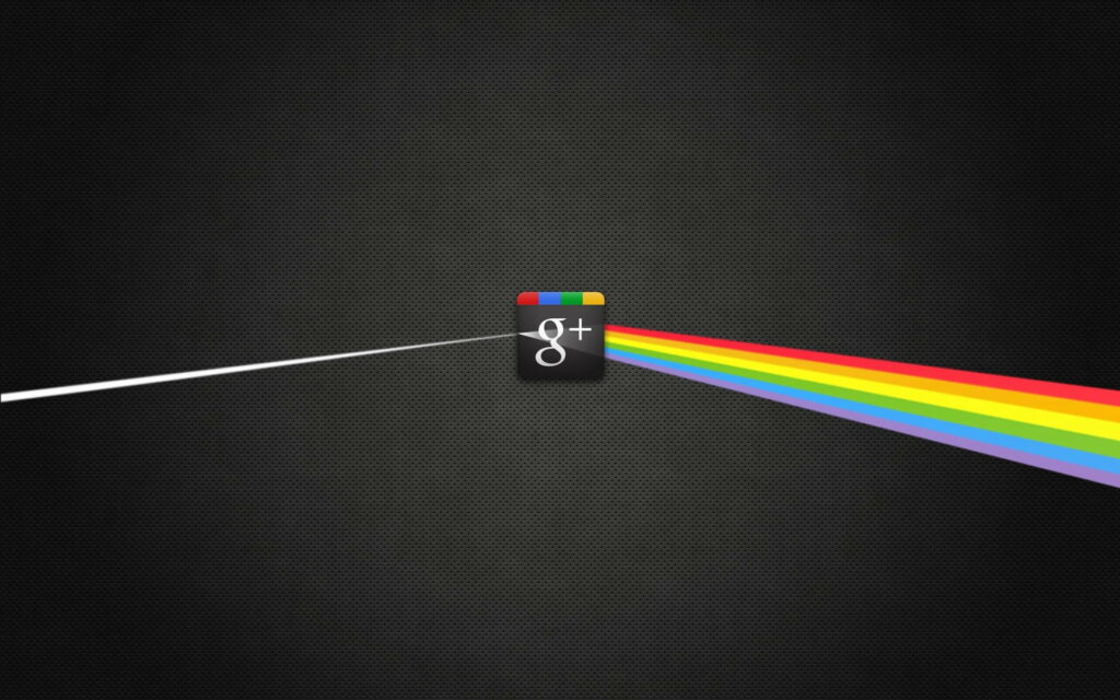 Minimalist Google Plus logo prism refracting rainbow light on sleek textured black wallpaper background