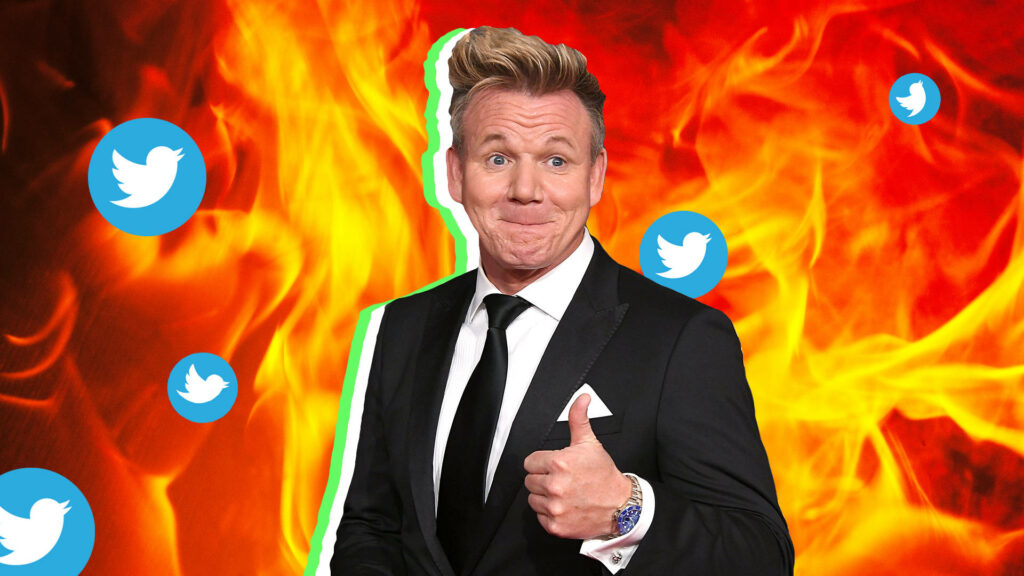 Bold Gordon Ramsay Wallpaper with Fiery Background & Twitter Icons