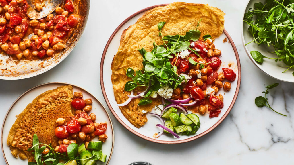 Vibrant Gourmet Crepes with Fresh Greens & Veggies - Rustic Wallpaper