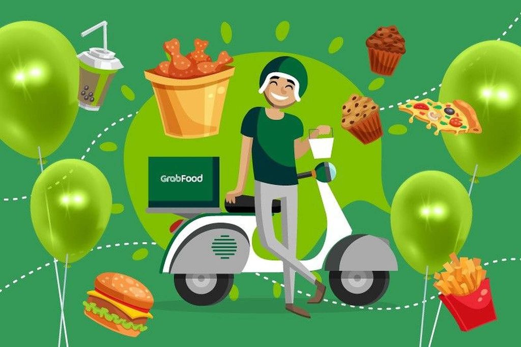 Vibrant GrabFood delivery scooter rider with balloons and tasty food icons on green background Wallpaper