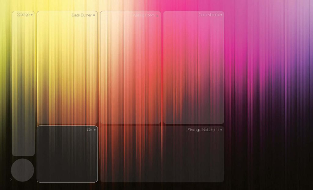 Vibrant gradient desktop organizer wallpaper with labeled zones from yellow to purple background