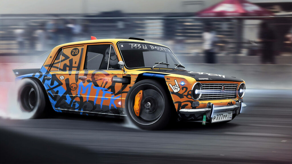 Classic graffiti-covered car drifting fast on racetrack with smoke capturing urban street racing thrill Wallpaper