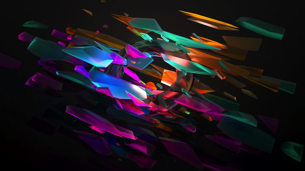 3D digital art explosion with glowing cyan magenta orange shards bursting from glassy ring background Wallpaper