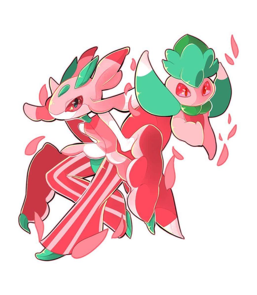 Anime-style Pokémon Fomantis and Lurantis with pink petals on a clean white background wallpaper