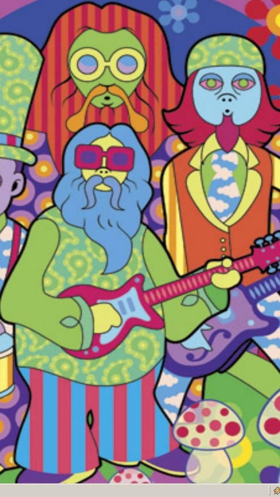 Colorful Grateful Dead psychedelic wallpaper with blue-bearded musician and whimsical mushrooms