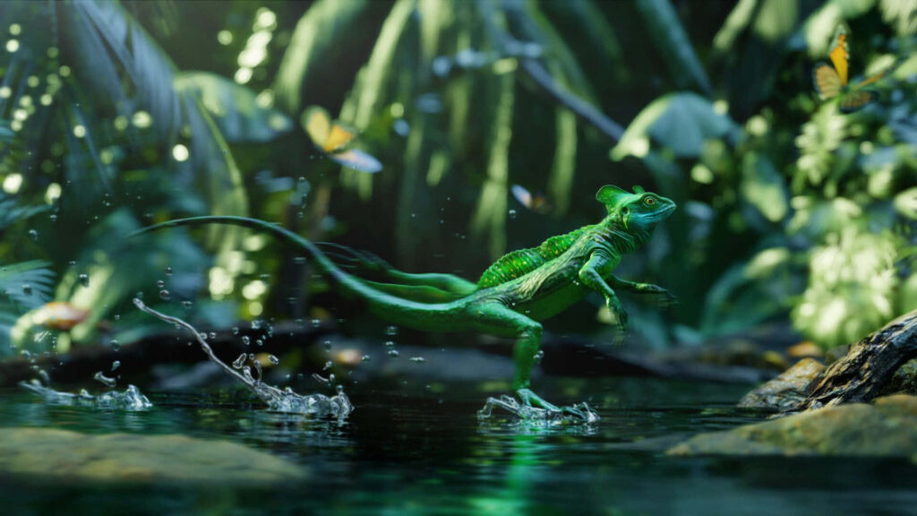 Green basilisk lizard running on sunlit stream surrounded by tropical plants and butterflies Wallpaper