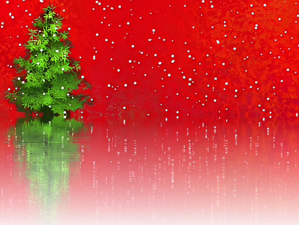 Festive Green Christmas Tree Wallpaper with Red Background & Snowfall