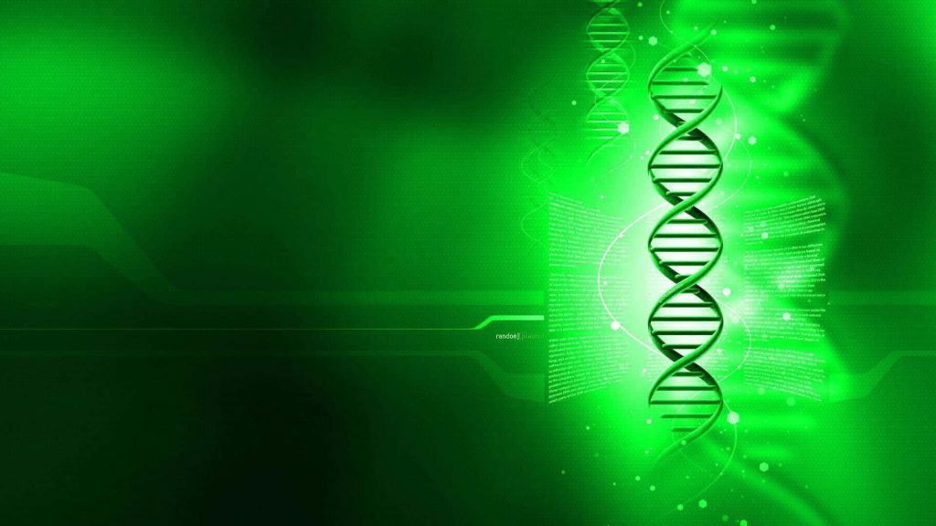 Vibrant green glowing DNA double helix with tech background and scientific data patterns wallpaper