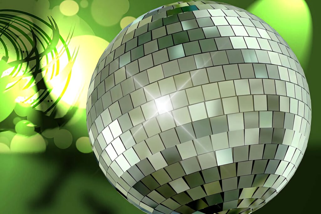 Disco ball with green lights and bokeh background vibrant festive party dance wallpaper