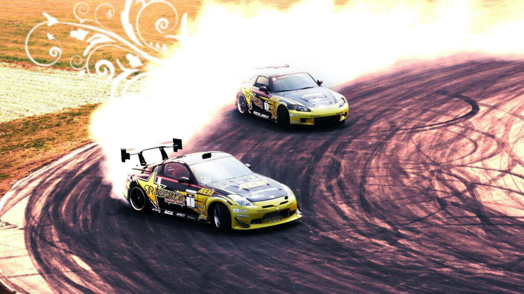 Two green drift cars racing on sharp curve with smoke trails high-energy motorsport wallpaper