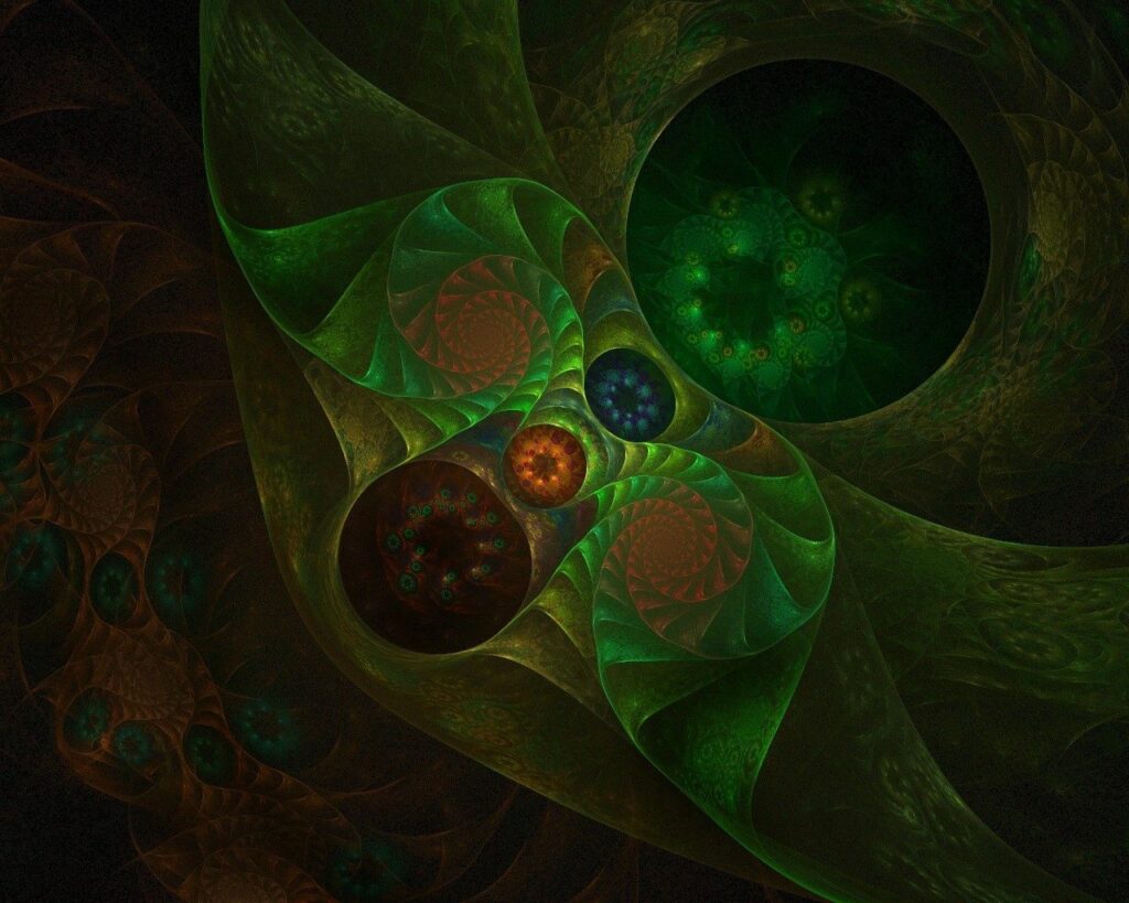 Vibrant Fractal Wallpaper: Intricate Patterns in Bright Green & Red
