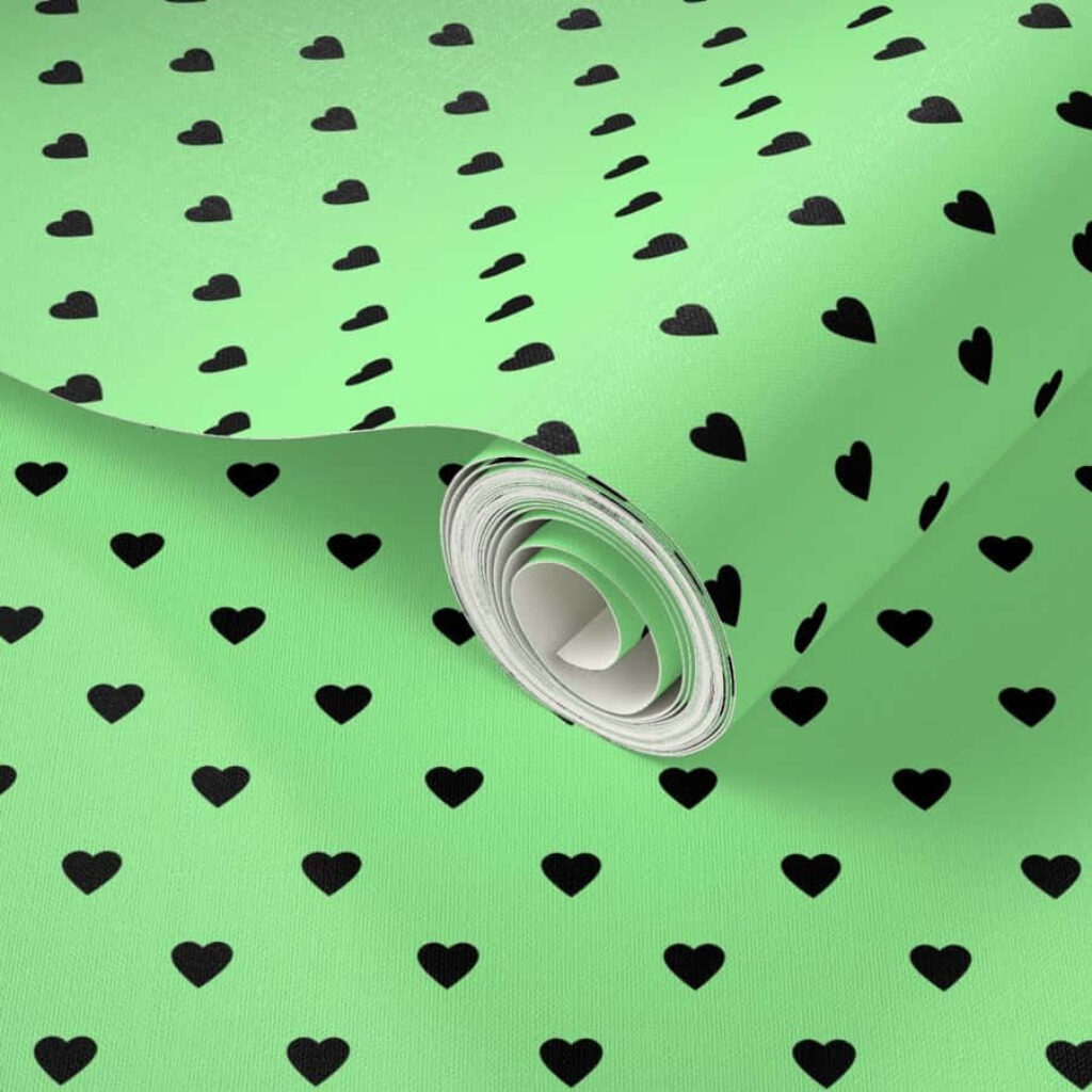 Vibrant Green Wallpaper with Black Heart Patterns for Modern Spaces