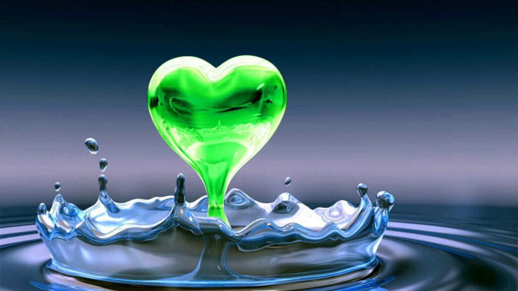 Serene Green Heart-Shaped Droplet Splash Wallpaper Background