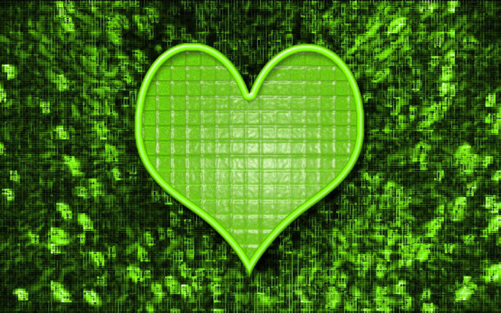 Vibrant Green Heart Wallpaper with Dynamic Grid Pattern Background