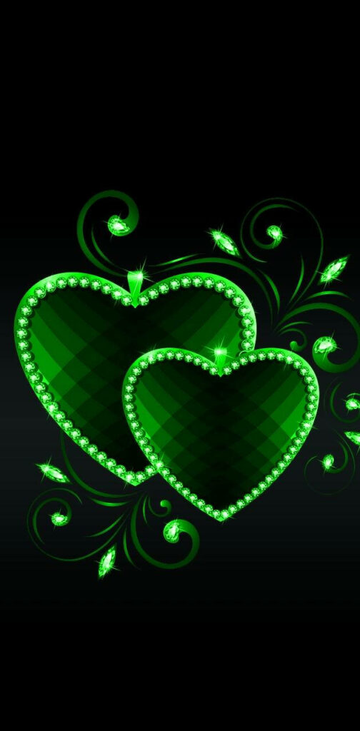 Vibrant Green Hearts Wallpaper with Intricate Patterns & Sparkling Accents