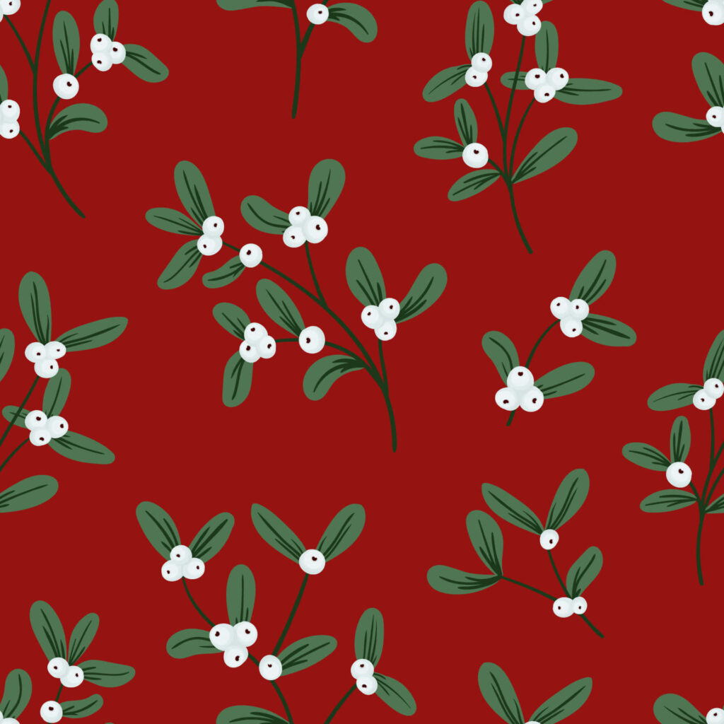 Vibrant Red Background with Green Leaf Pattern & White Flowers Wallpaper