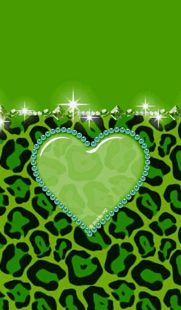 Vibrant Green Leopard Print Heart Wallpaper with Gemstone Outline