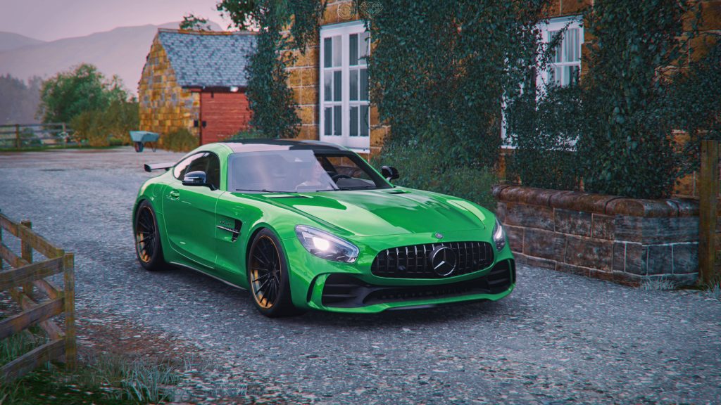 Vibrant green Mercedes AMG GT R on rustic gravel path Forza Horizon 4 scenic wallpaper