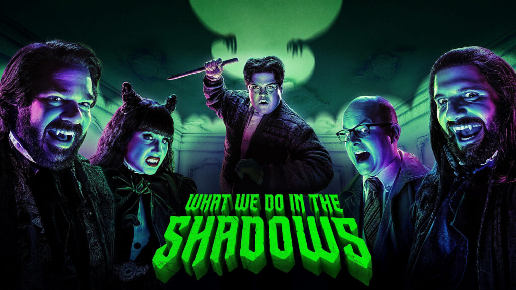 Vibrant Neon Wallpaper: What We Do In The Shadows Cast in Quirky Style