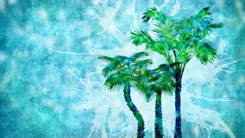 Vibrant Green Palm Trees on Abstract Blue Background Wallpaper
