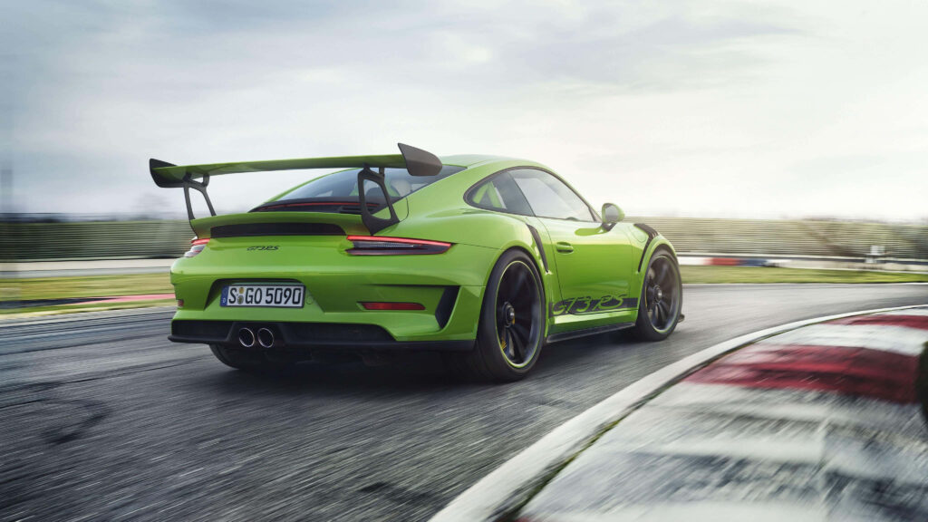 Vibrant Green Porsche 911 GT3 RS Race Track Wallpaper Background