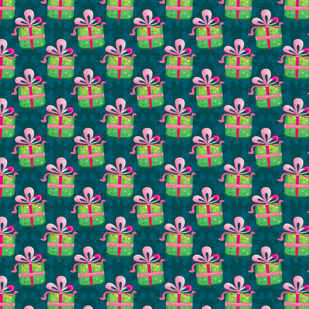 Vibrant Green Present Wallpaper with Pink Ribbons on Dark Background