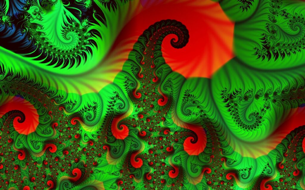 Vibrant Green and Red Fractal Wallpaper: Intricate Swirling Patterns
