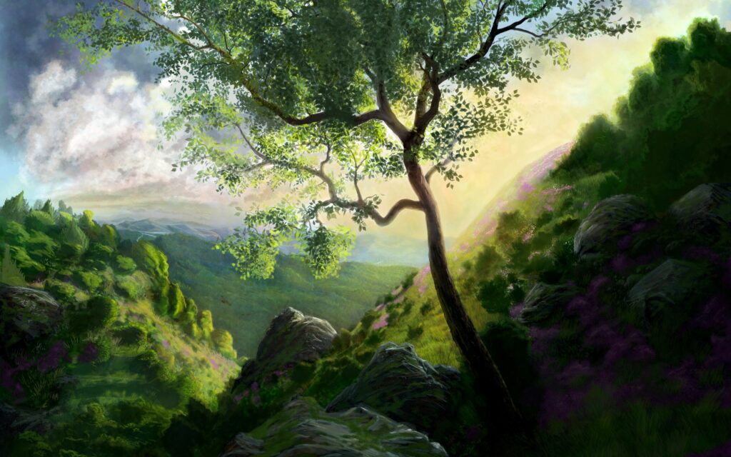 Vibrant green tree on rolling mountains with sunlight purple flowers and dramatic clouds wallpaper