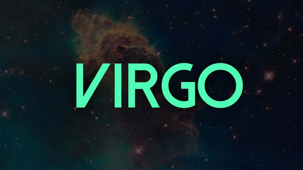 Virgo wallpaper with vibrant green typography on cosmic starry nebula background celestial art