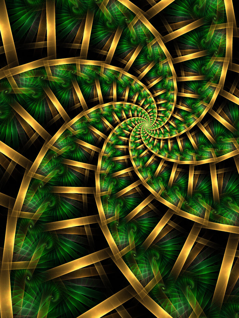 Intricate Green & Gold Fractal Wallpaper: Spirals & Depth