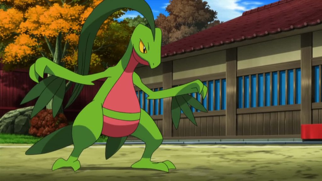 Vibrant Grovyle anime wallpaper dynamic battle pose autumn trees traditional Japanese background