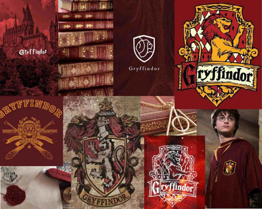 Vibrant Gryffindor collage with house crest Harry Potter magical books bold brave spirit wallpaper