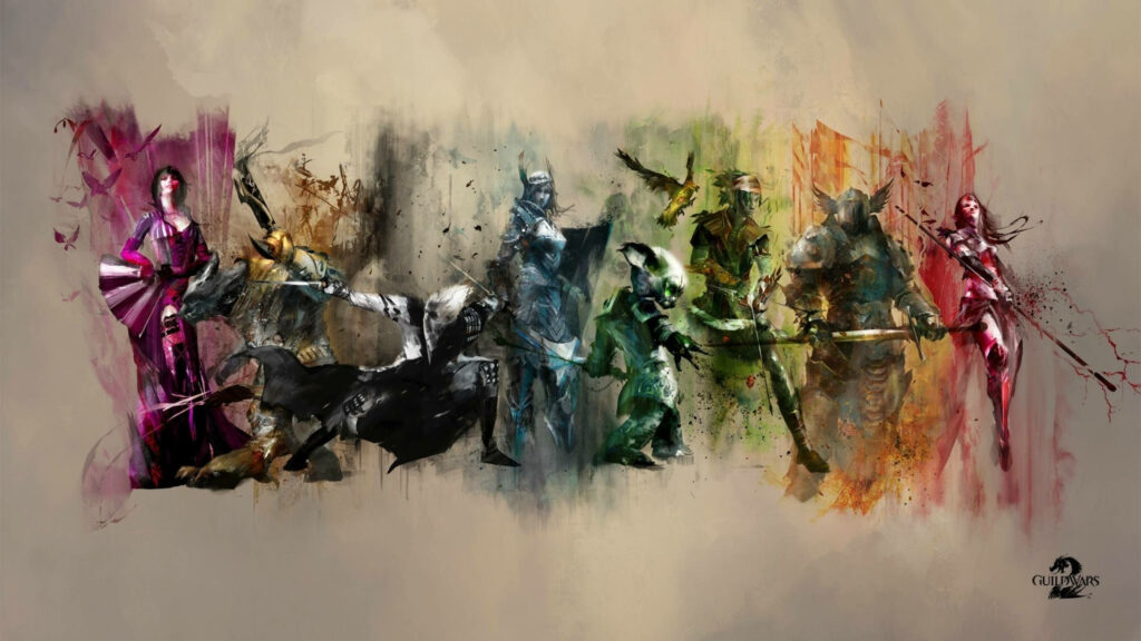 Vibrant Guild Wars 2 Professions Wallpaper: Dynamic Character Illustrations