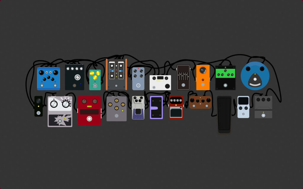 Sonic Artistry Wallpaper: Colorful Guitar Pedals on Dark Background