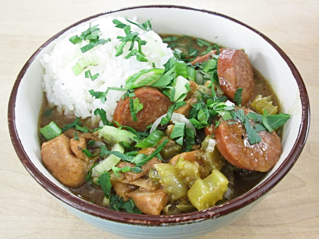 Vibrant Gumbo with Rice & Sausage - Rustic Wallpaper Background