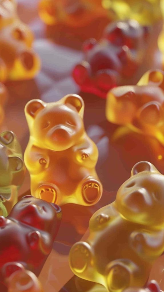 Close-up digital render of colorful translucent gummy bears in warm glowing light wallpaper background