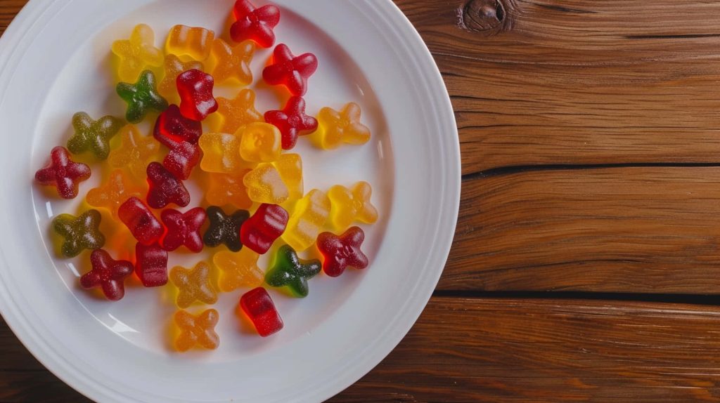 High-angle view of colorful flower-shaped gummy candies on white plate against dark wood table Wallpaper