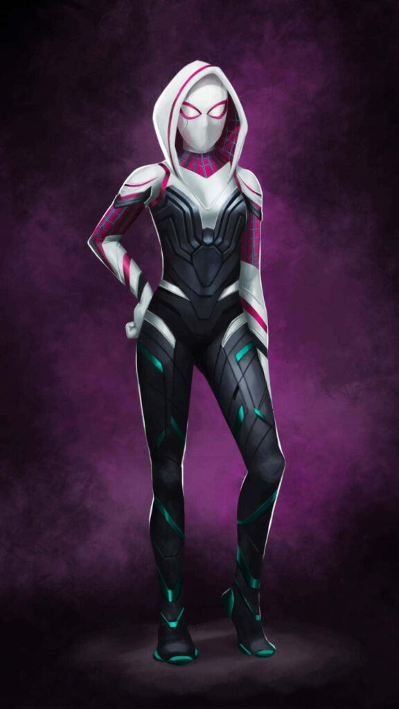 Stunning Gwen Stacy in Spider-Woman Suit: Vibrant Rooftop Wallpaper