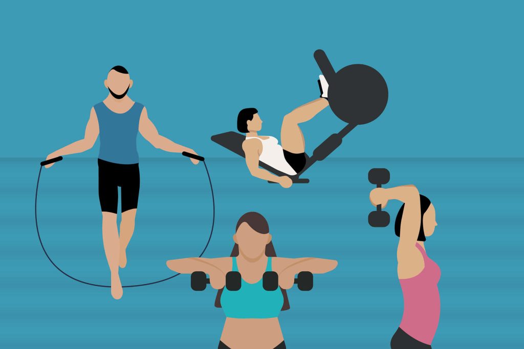Vibrant vector wallpaper with people doing jump rope leg press dumbbell workouts on teal background